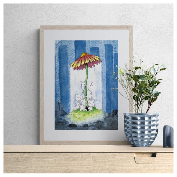 Ci vuole un fiore - illustrazione incorniciata su un mobile